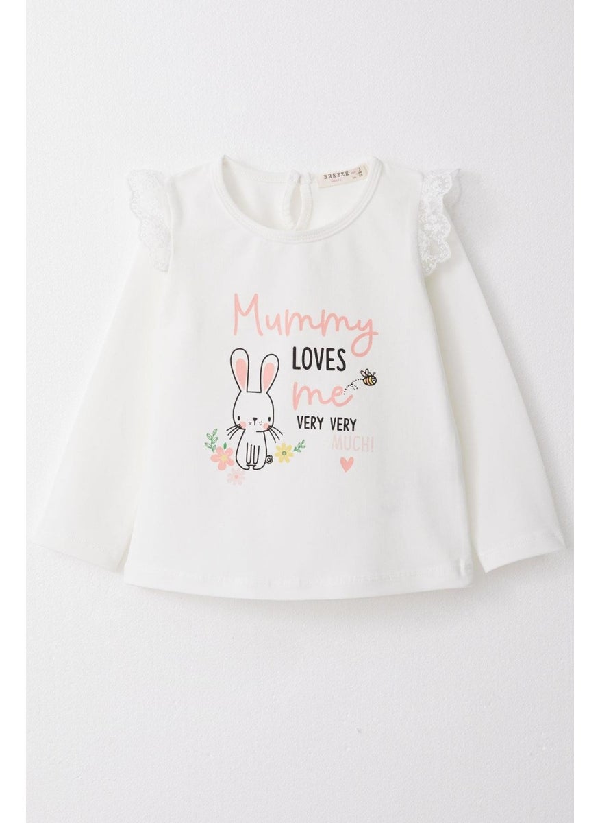 Baby Girl Long Sleeve T-Shirt Mother's Love Themed Bunny Printed Lace 9 Months-3 Years, Ecru