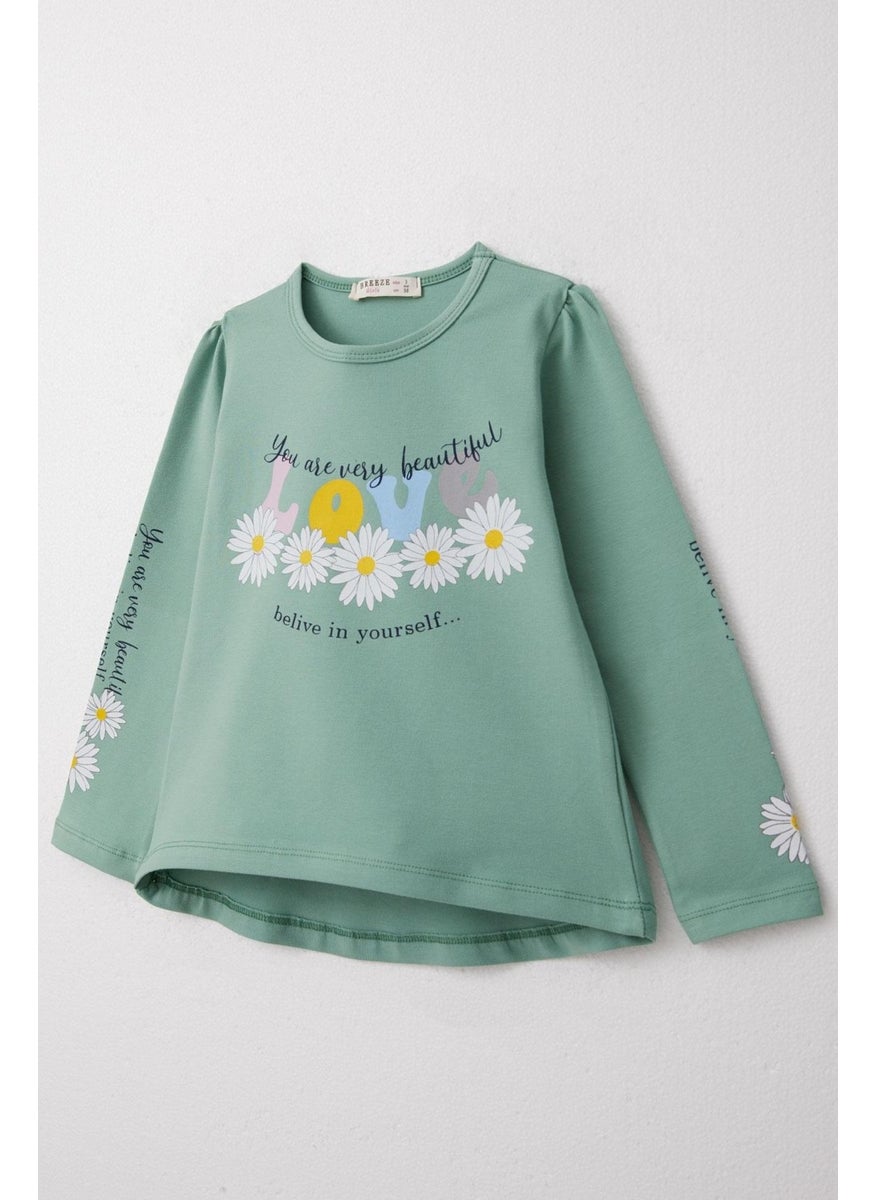 Girls Long Sleeve T-Shirt Colorful Text Printed Floral 3-8 Years, Mint Green