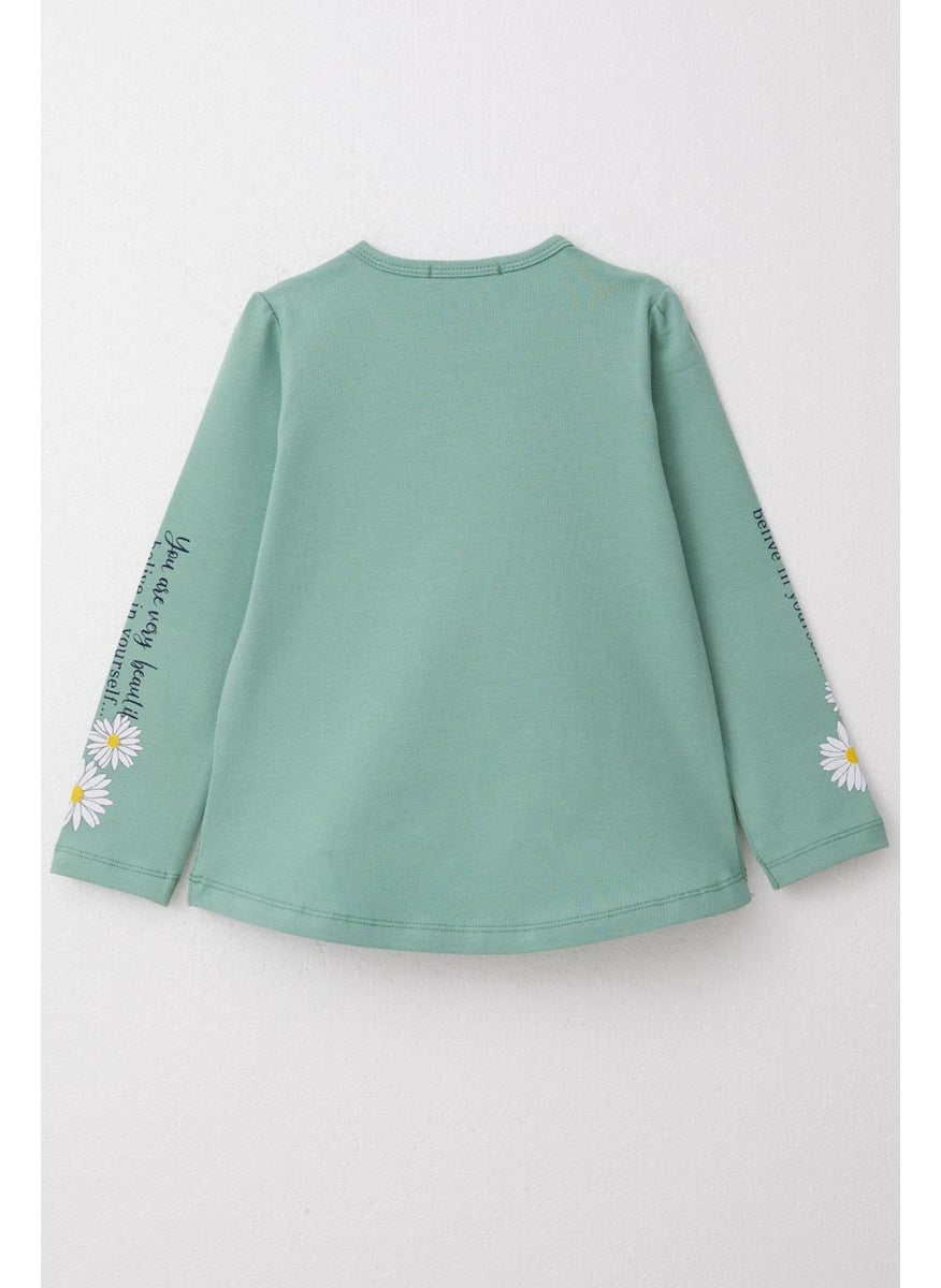 Girls Long Sleeve T-Shirt Colorful Text Printed Floral 3-8 Years, Mint Green