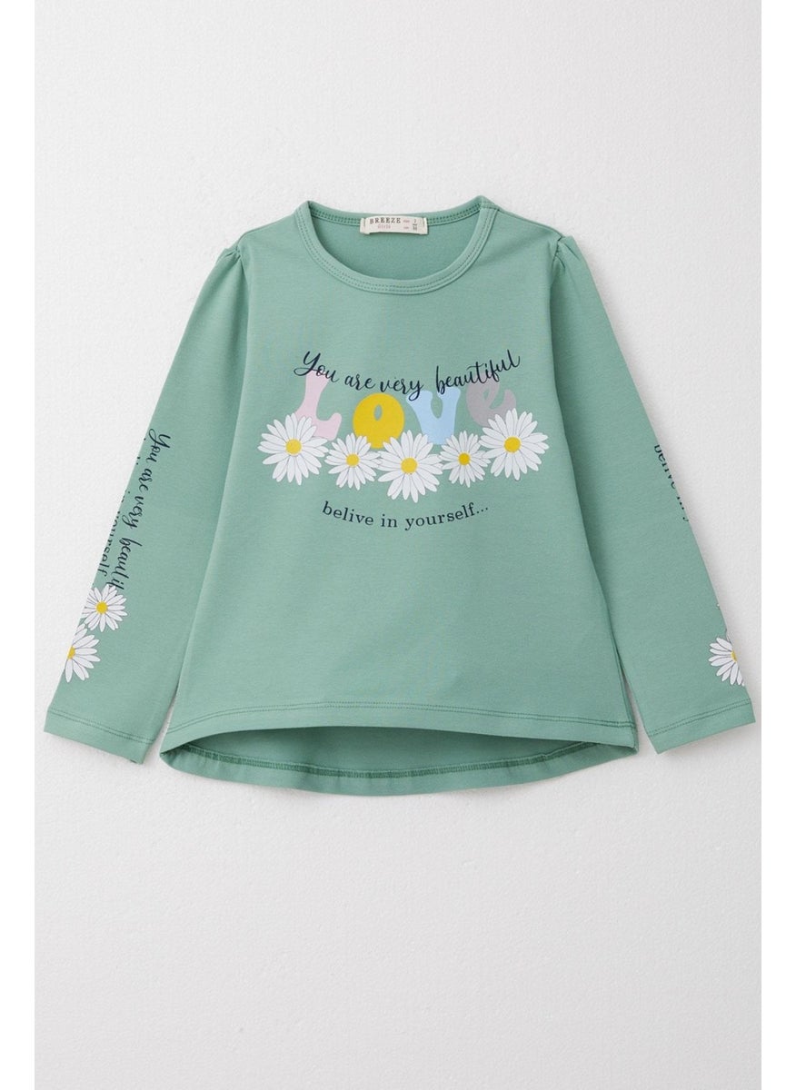 Girls Long Sleeve T-Shirt Colorful Text Printed Floral 3-8 Years, Mint Green
