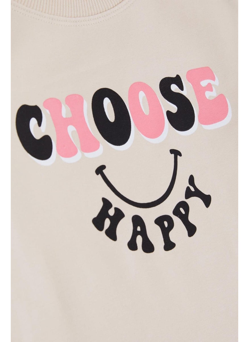 Girl's Tunic Happiness Themed Text Printed 8-12 Years, Beige