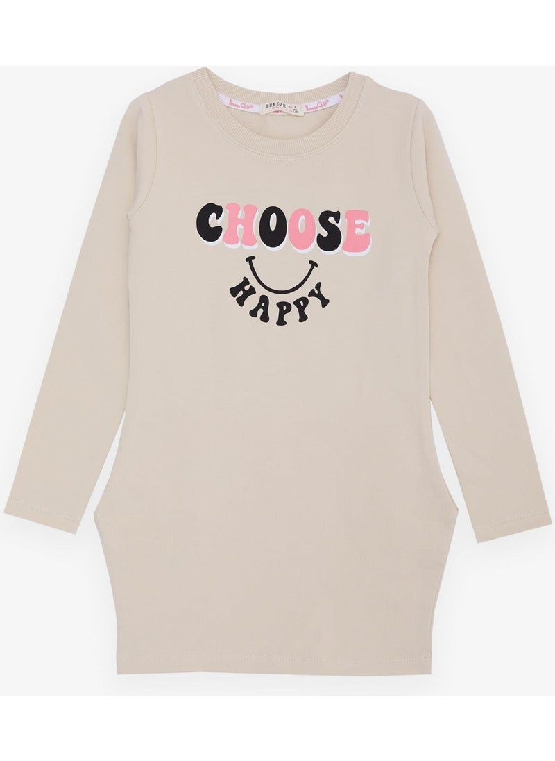 Girl's Tunic Happiness Themed Text Printed 8-12 Years, Beige