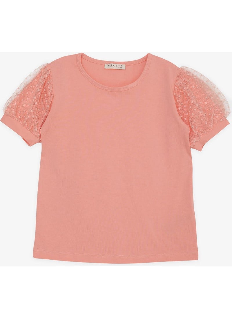 Girl's T-Shirt with Tulle Sleeves, Age 8-12, Salmon