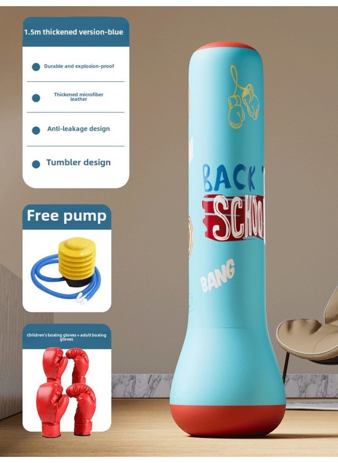 Children's Tumbler Boxing Column Sandbag Inflatable Sandbag Sanda Household Vertical Kids Toy Boxing Training Cool-Color:Upgraded Thickened And Durable Leather [1.5m Blue] Comes With Air Pump + Parent-child Boxing Gloves
