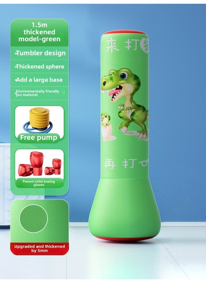 Children's Tumbler Boxing Column Sandbag Inflatable Sandbag Sanda Household Vertical Kids Toy Boxing Training Cool-Color:Upgraded Thickening And Durable Leather [1.5m Dinosaur Green] Comes With Air Pump + Parent-child Boxing Gloves