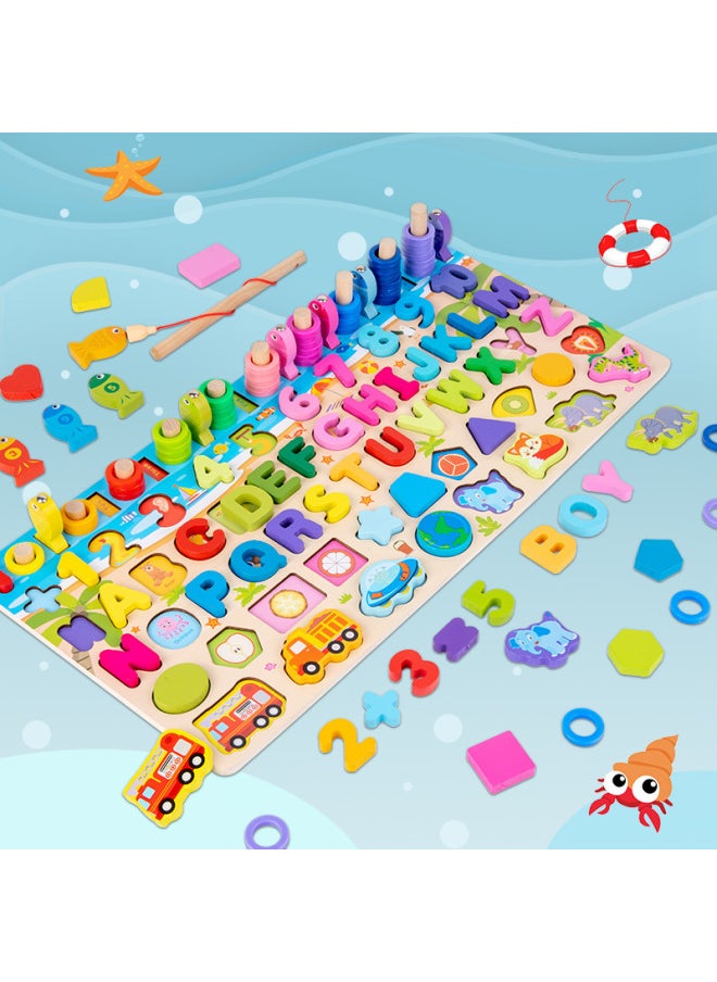 Children's Wooden Early Education Puzzle Development Multi-functional Traffic Logarithmic Board Digital Cognitive Puzzle Building Block Toy-Color:qzy-four Moving Logarithmic Board-Ocean 0.8