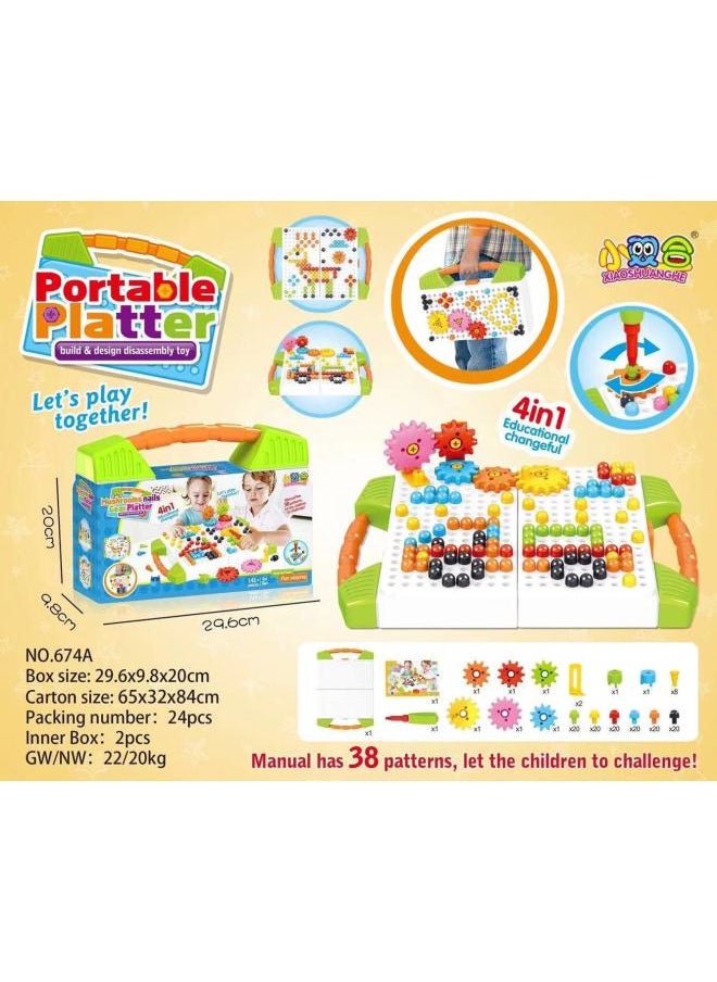 Electric Drill Screw Jigsaw 3D Three-dimensional Mushroom Nail Platter Children's Early Education Disassembly Building Blocks Toy-Color:674A (English) Gear Mushroom Nail Portable Platter