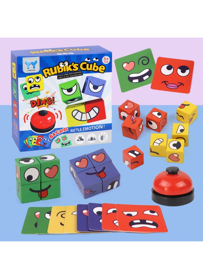 Face-changing Rubik's Cube With Bell You Cry I Laugh Puzzle Children's Smiling Face Expression Building Blocks Parent-Child Interactive Toys-Colour:Face Changing Rubik's Cube  16 Cubes + 128 Cards