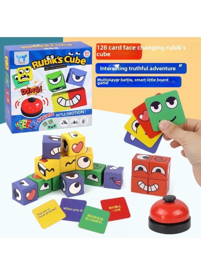 Face-changing Rubik's Cube With Bell You Cry I Laugh Puzzle Children's Smiling Face Expression Building Blocks Parent-Child Interactive Toys-Colour:Face Changing Rubik's Cube  16 Cubes + 128 Cards