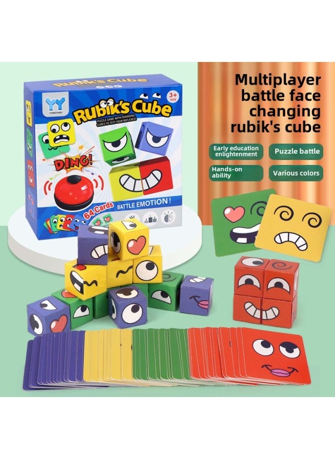 Face-changing Rubik's Cube With Bell You Cry I Laugh Puzzle Children's Smiling Face Expression Building Blocks Parent-Child Interactive Toys-Colour:Face Changing Rubik's Cube  16 Cubes + 128 Cards