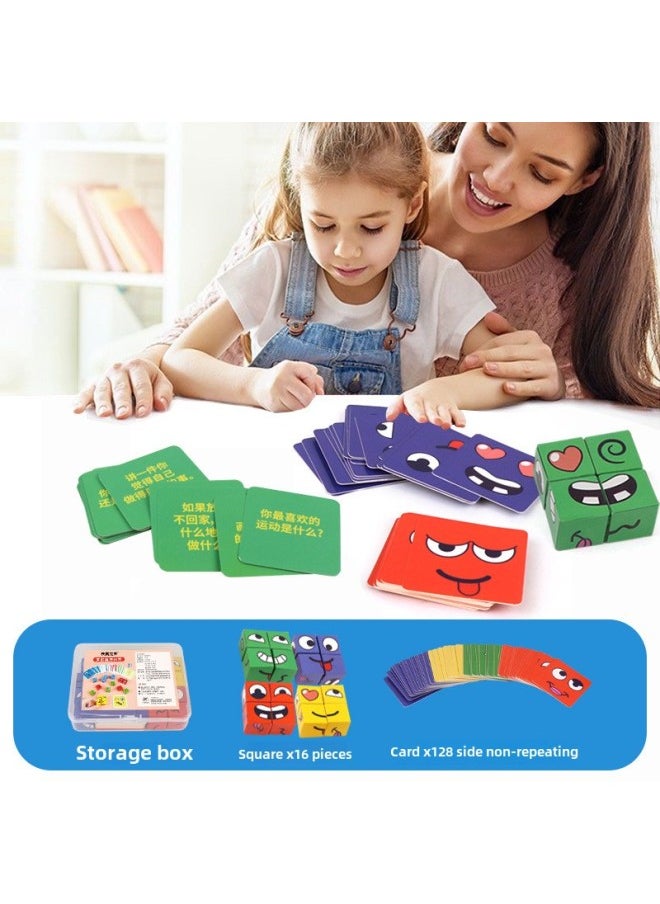 Face-changing Rubik's Cube With Bell You Cry I Laugh Puzzle Children's Smiling Face Expression Building Blocks Parent-Child Interactive Toys-Colour:Face Changing Rubik's Cube  16 Cubes + 128 Cards