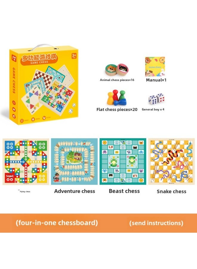 Children's Portable Gift Box Multi-functional 14-in -1 Chess Checkers Flying Chess Gobang Board Game Toy-Color: Portable 30*30cm Four-in-one Flying Chess + Adventure Chess + Beast Chess + Snake Chess (with Instruction Manual)