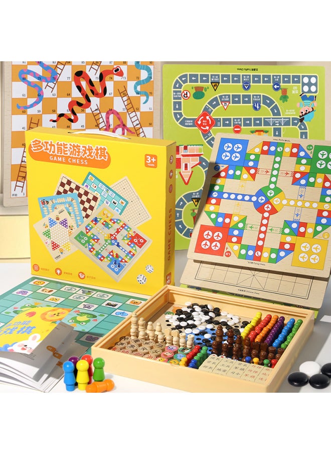 Children's Portable Gift Box Multi-functional 14-in -1 Chess Checkers Flying Chess Gobang Board Game Toy-Color: Portable 30*30cm Four-in-one Flying Chess + Adventure Chess + Beast Chess + Backgammon (with Instructions Included)