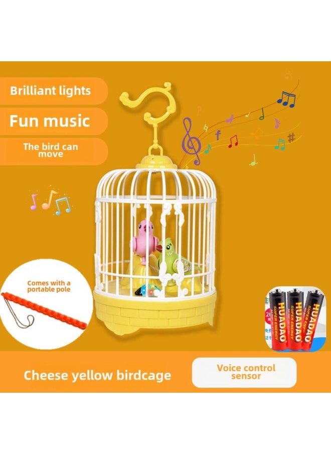 Children's Bird Cage Toy Electric Voice Control Induction Bird Simulation Bird Soundness Will Move And Call Baby Baby Kindergarten-Specifications:(+battery/lift Pole) Voice Controlled Bird Cage Yellow