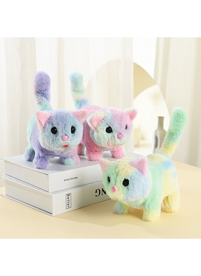 Simulation Plush Electric Cat Toy Walking Cry WAG Tail Electronic Pet Electronic Cat Children's Toy-Color:Rainbow Cat (random Color)
