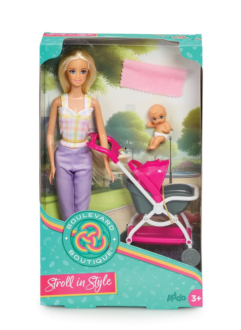 Addo Boulevard Boutique 2-in-1 Stroller Set in Style Fashion Doll with Baby | Dress Up Role Play | Perfect Gift for Girls