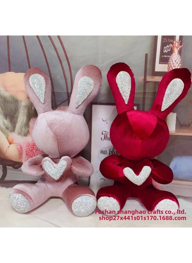 A Generation Of Hair Red Love Diamond Rabbit Heart-shaped Rabbit With Diamond Ornaments Gift Doll Big Rabbit Doll-Color:Pressed Pollen-Height:38cm Diamond
