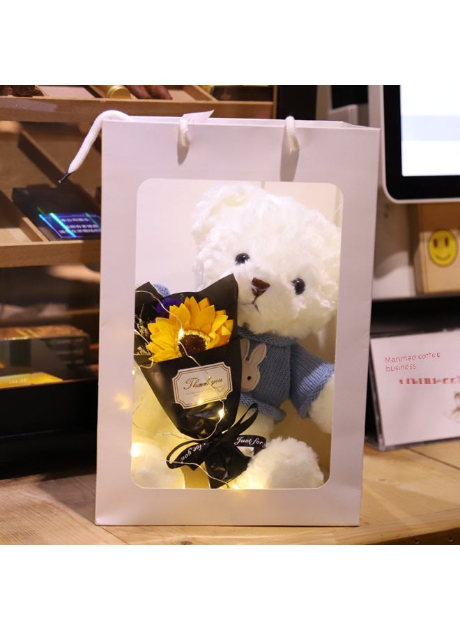 Cross Border Bear Doll Teddy Bear Plush Toy Gift Valentine's Day Gift Night Market Rings Doll Wholesale-Color:Blue Striped Brown Bear-Height:30cm + Gift Bag + String Lamp + Flower