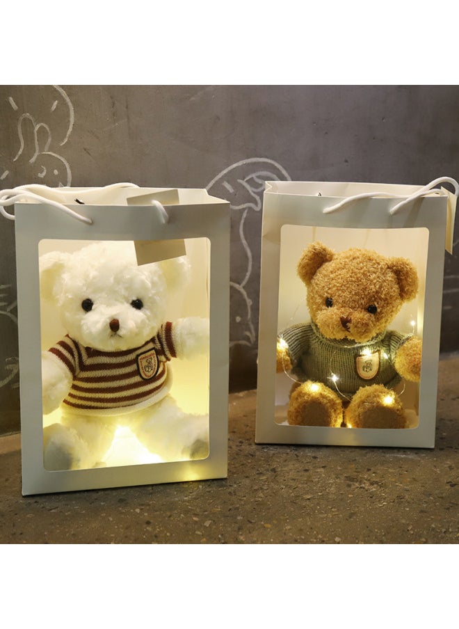 Cross Border Bear Doll Teddy Bear Plush Toy Gift Valentine's Day Gift Night Market Rings Doll Wholesale-Color:Blue Striped Brown Bear-Height:30cm + Gift Bag + String Lamp + Flower