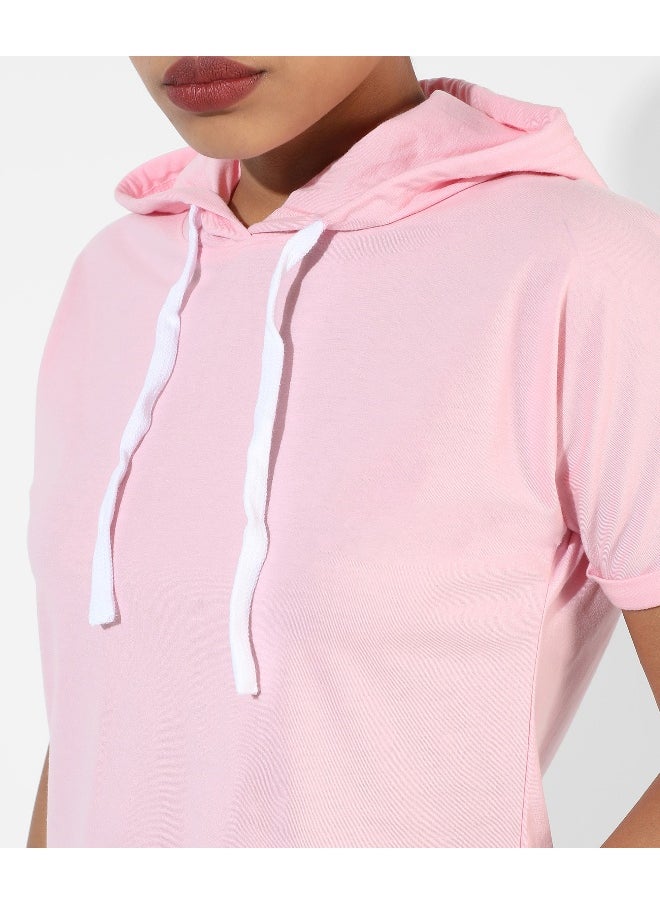 Women's Solid Light Pink Hooded Top