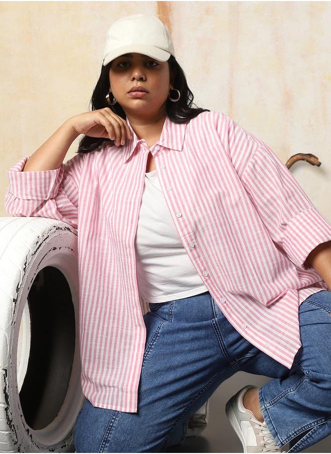 Women Oversized Fit Opaque Casual Cotton Striped Shirt