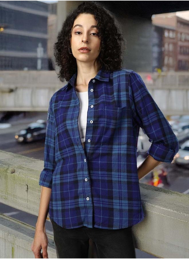 Women Comfort Tartan Checks Opaque Checked Oversized Fit Casual Shirt