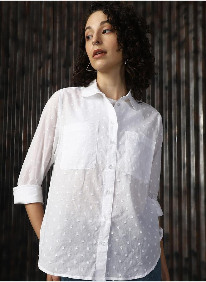 Women Relaxed Spread Collar Textured Cotton Oversized Casual Shirt