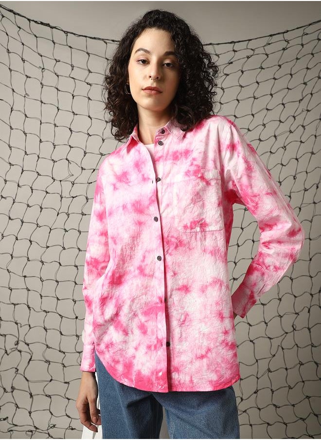 Women Relaxed Spread Collar Dyed Cotton Oversized Casual Shirt
