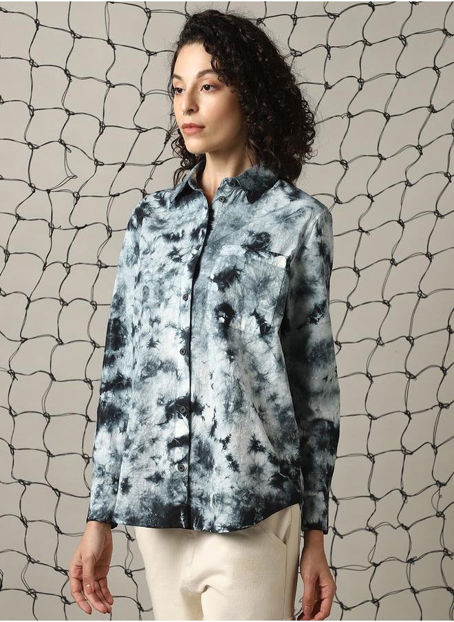 Women Relaxed Spread Collar Abstract Printed Cotton Oversized Casual Shirt