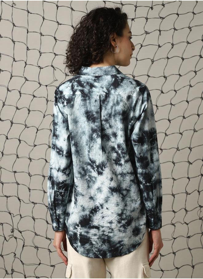 Women Relaxed Spread Collar Abstract Printed Cotton Oversized Casual Shirt