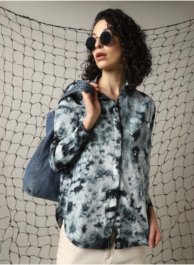 Women Relaxed Spread Collar Abstract Printed Cotton Oversized Casual Shirt
