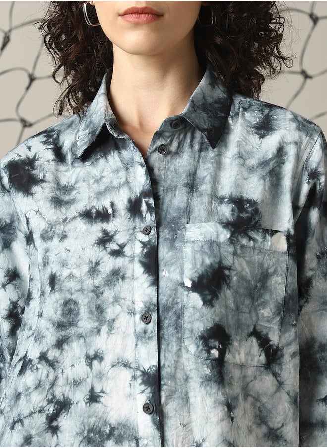 Women Relaxed Spread Collar Abstract Printed Cotton Oversized Casual Shirt