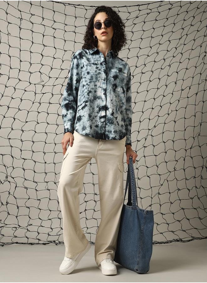 Women Relaxed Spread Collar Abstract Printed Cotton Oversized Casual Shirt