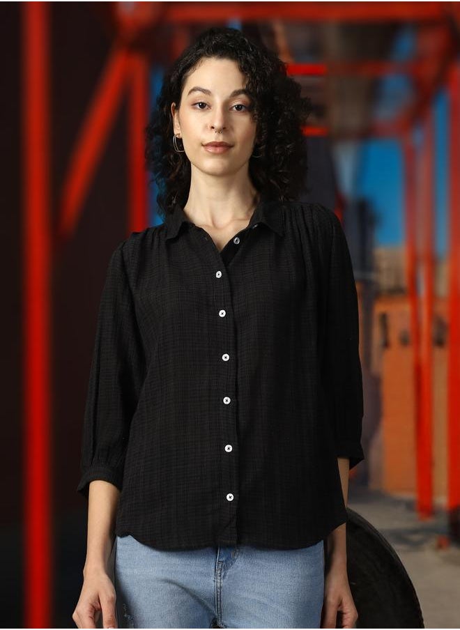 Women Relaxed Spread Collar Textured Cotton Oversized Casual Shirt