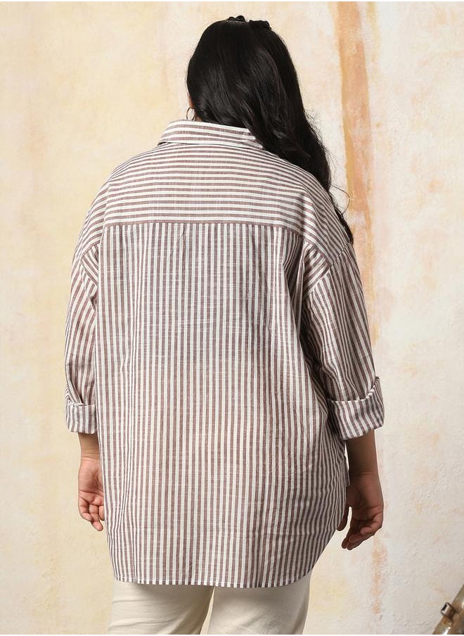Women Oversized Fit Opaque Casual Cotton Striped Shirt