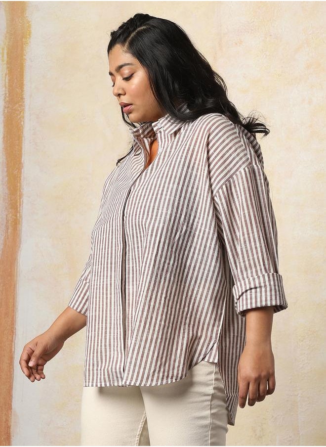 Women Oversized Fit Opaque Casual Cotton Striped Shirt