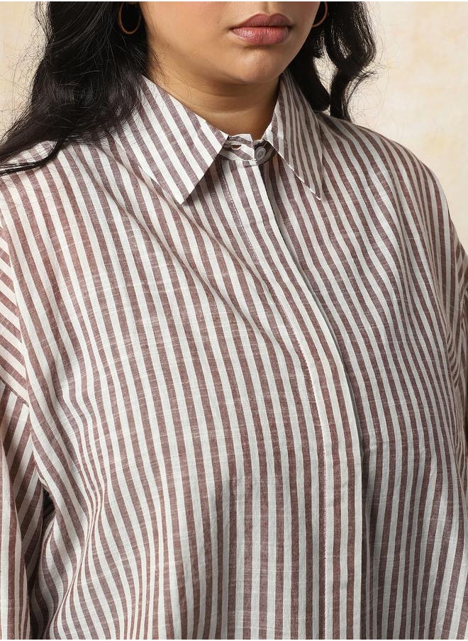 Women Oversized Fit Opaque Casual Cotton Striped Shirt