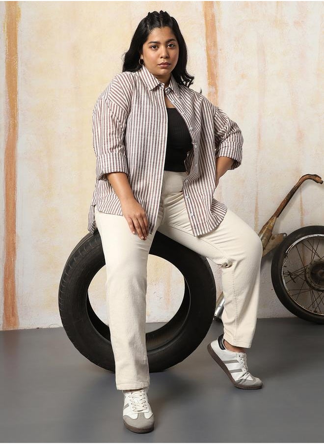 Women Oversized Fit Opaque Casual Cotton Striped Shirt