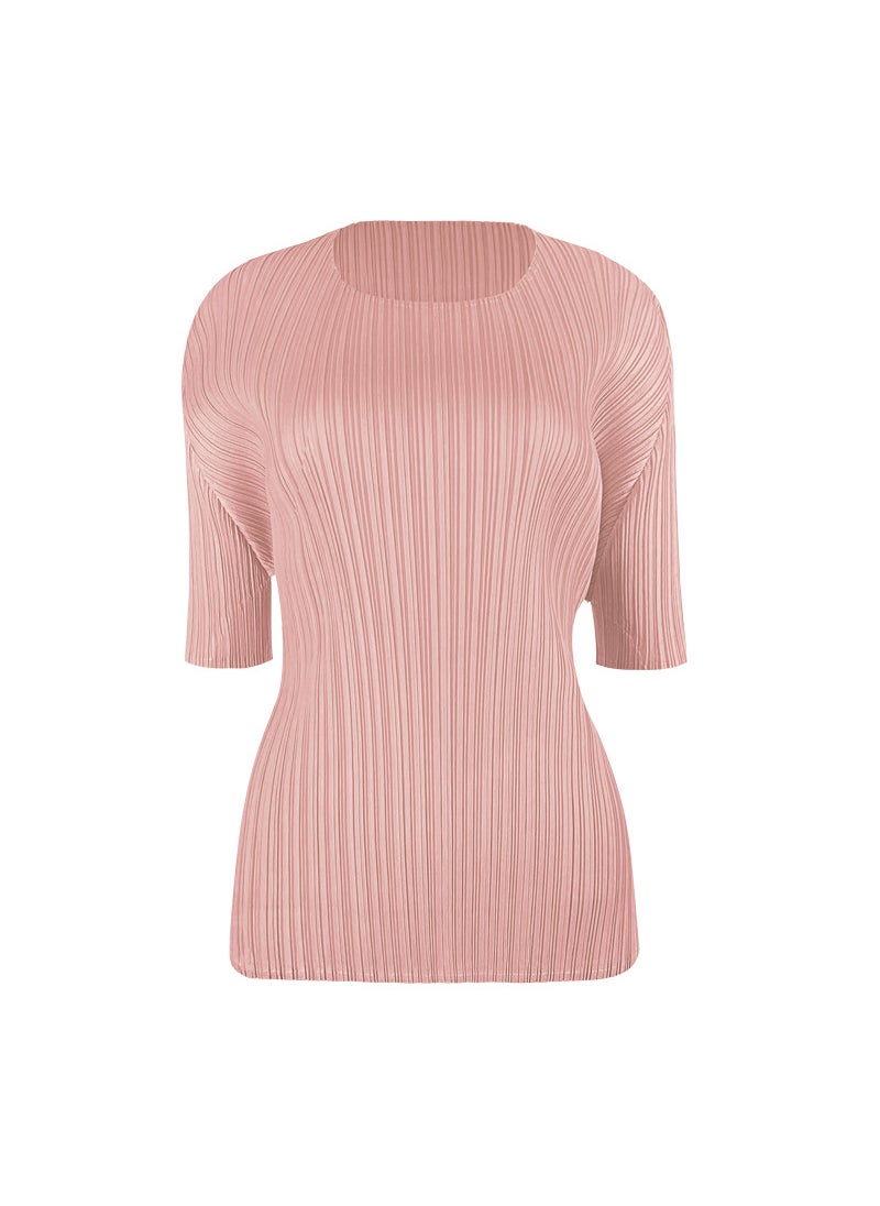 New Summer Simple Korean Style Solid Color Slim Fit T-Shirt With Crew Neck And Slightly Ruffled Top Layer Base Layer Smooths You Pink