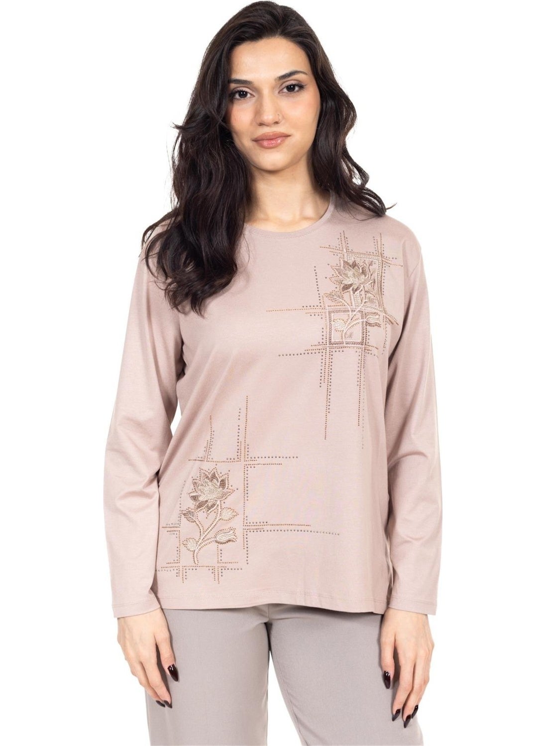 New Season Women's Middle Age and Above Viscose Cross-Stitch Embroidered Luxury Mother's Combed Cotton Blouse 24311