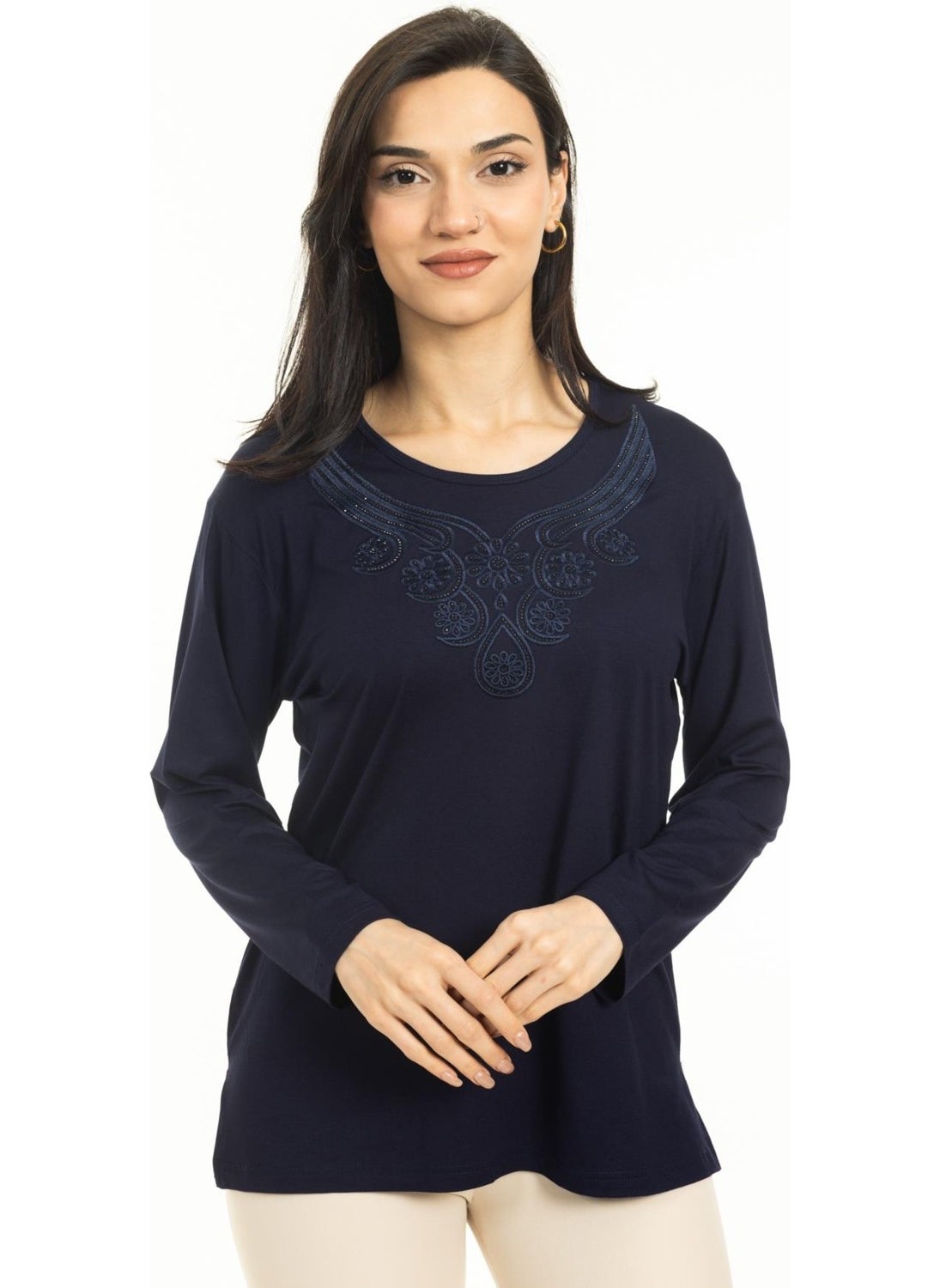 Women Middle Age and Above New Model Round Neck Lycra Mother Combed Cotton Blouse 30550