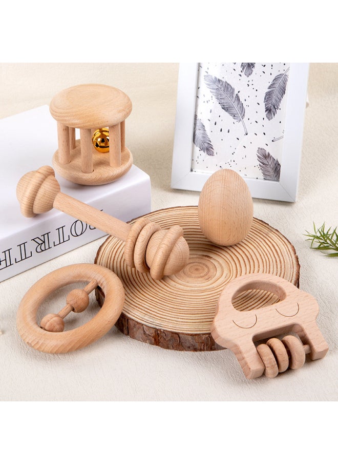 Baby Can Bite Cartoon Intelligence Auditory Wooden Musical Toy Molar Rattle Beech Unpainted Toy. 1-Color:Five-piece Rattle Set