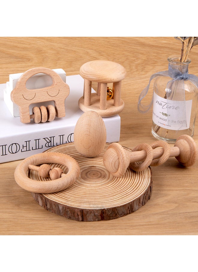 Baby Can Bite Cartoon Intelligence Auditory Wooden Musical Toy Molar Rattle Beech Unpainted Toy. 1-Color:Five-piece Rattle Set