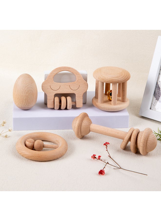 Baby Can Bite Cartoon Intelligence Auditory Wooden Musical Toy Molar Rattle Beech Unpainted Toy. 1-Color:Five-piece Rattle Set
