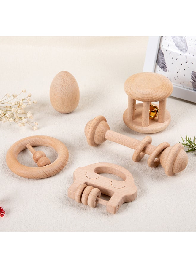 Baby Can Bite Cartoon Intelligence Auditory Wooden Musical Toy Molar Rattle Beech Unpainted Toy. 1-Color:Five-piece Rattle Set