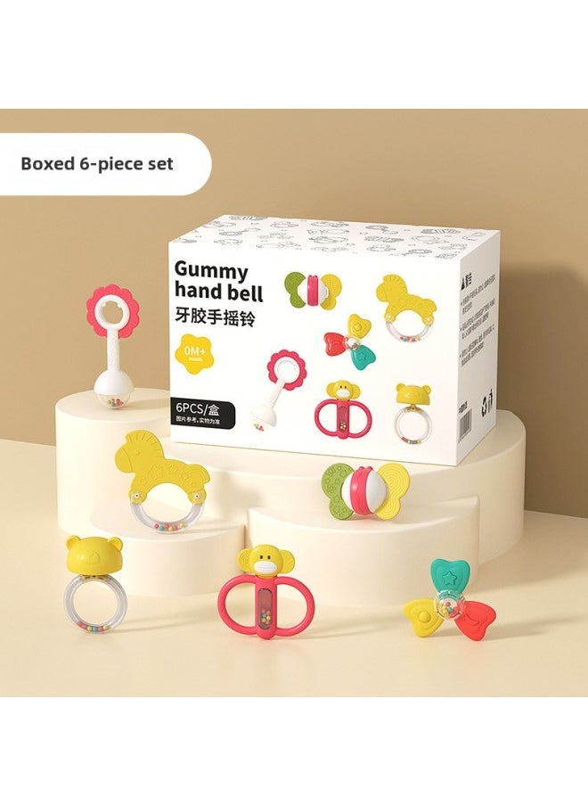 Baby Gum Grinding Stick Baby Rattle Toy Gift Set Newborn 0-1 Year Old Silicone Boiled-Color:Silicone Baby Rattle [color Box Set Of 6]]