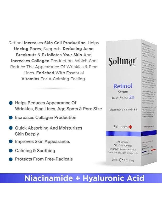 Solimar Paris Retinol Serum 30ml – Exfoliates, Reduces Fine Lines & Unclogs Pores