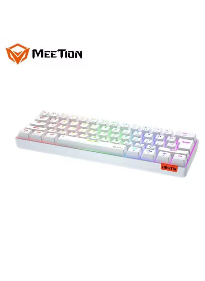 Meetion MK005BT 60% Gaming Keyboard Wireless Keybroad 12 Multimedia Shortcuts Keys Bluetooth Keybroad With True Mechanical Fixed Shaft LED Backlight Brightness Adjustable Anti-Ghosting Mechanical Keyboard For Windows And Mac White