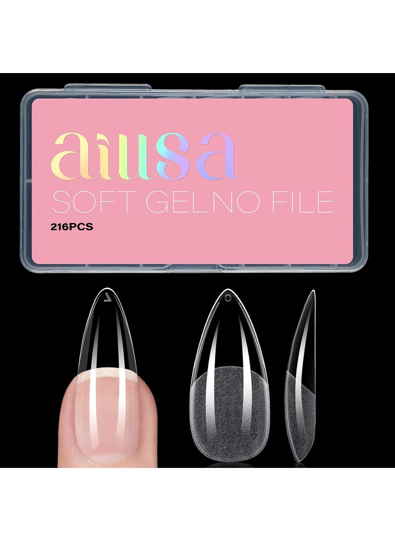 AILLSA Long Almond Nail Tips Full Cover Clear Gelly Nails Tips Half Matte Acrylic Tips Pre-Filed Fake Press on Nail Tips for Extension Home DIY Salon Manicure 216PCS 12 Sizes