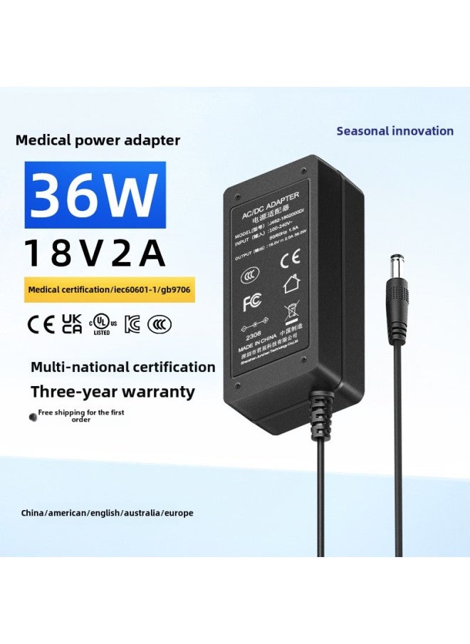 Power Adapter 18v2a For Audio 36W Power Supply Medical Certification IEC606019706 Adapter-Color:Black 18v2a Desktop Tail-Specifications:Dc Head 5.5*2.5*10mm